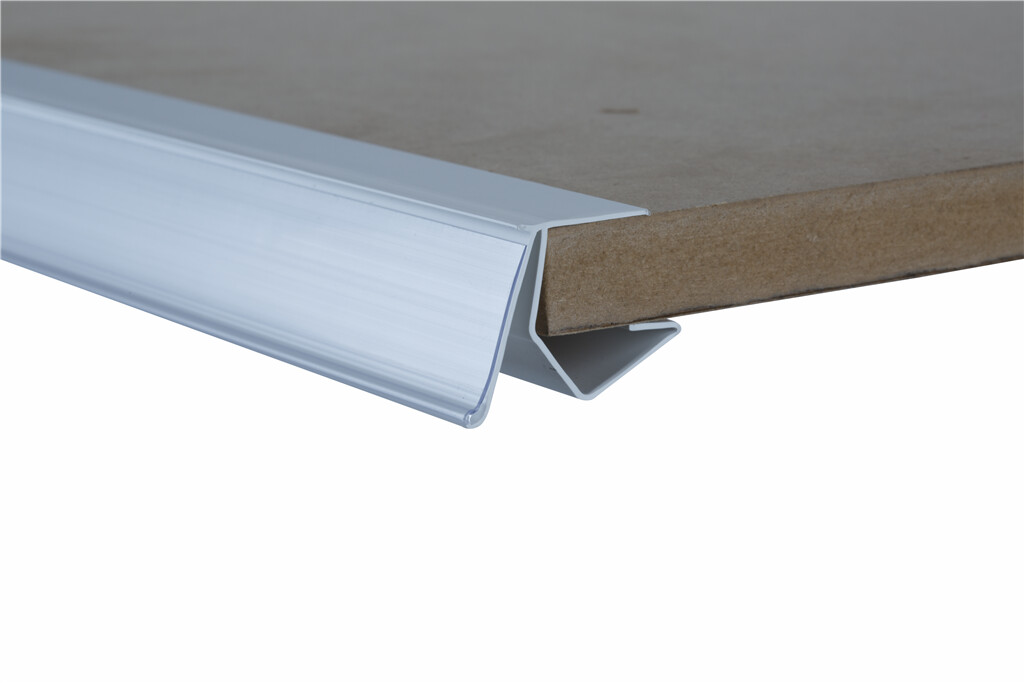 <p>Porte-étiquettes inclinés pour étagères en verre et bois (18 x 800 mm), Blanc, Épaisseur 5-10 mm</p>