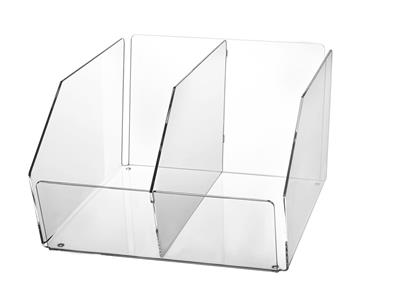 <p>Présentoir OTC « Elégance », double,  en  acrylique transparent, avec 2 compartiments, pour comptoir ou pour étagère. 295x175x350mm. Le séparateur entre les 2 compartiments est amovible.</p>